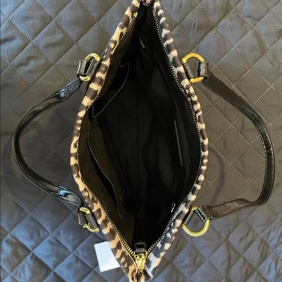 Coach Tan/Brown Animal Print Material Tote with Black Trim - Picture 6 of 10